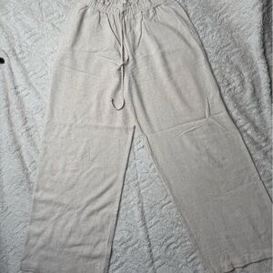 Beige Wide-Leg Linen Pants